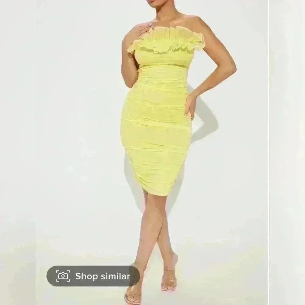 NWT yellow fashion nova Sunday brunch Ruched Midi Dress sz‎ medium M